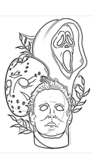 Michael Myers Outline Tattoo, Horror Line Drawing, Micheal Myers Coloring Pages, Easy Michael Myers Drawing, Scream Movie Coloring Pages, Jason Mask Tattoo Stencil, Micheal Myers Tattoo Stencil, Micheal Myers Drawings Easy, Horror Outline Tattoo