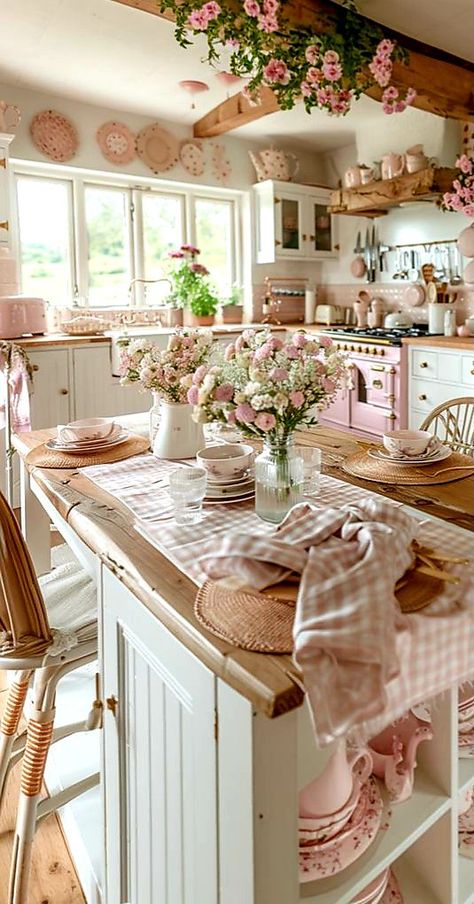 Pink Cottage Core Aesthetic, Pink Cottage House, Fairy Interior, Pink House Interior, Pink Farmhouse, Pink Kitchens, Rustic Cottage Style, Romantic Kitchen, Cocina Shabby Chic