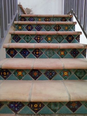 Outdoor Stair Tiles Front Steps, Stairs Tiles Design India, Stair Riser Tile Spanish Style, Tiles For Stairs, Mexican Tile Stairs, Talavera Tiles Stairs, Painted Stair Risers, Mosaic Stairs, Front Porch Stairs