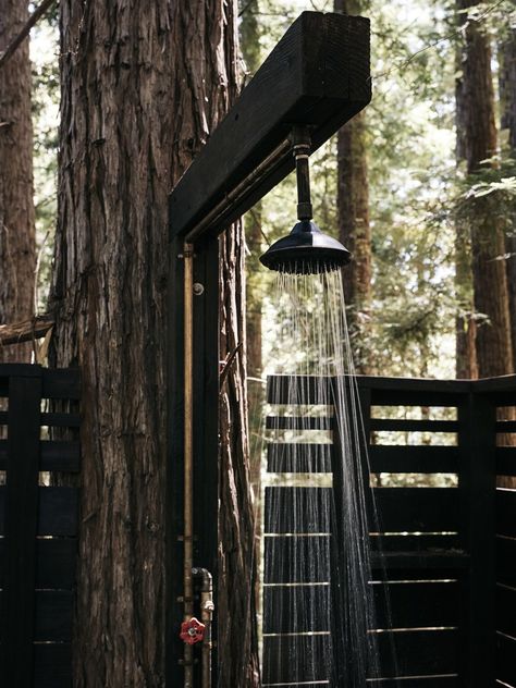 Photo 11 of 19 in This DIY Couple Craft a Tiny Cabin in the Santa Cruz Mountains for Less Than $35K - Dwell Diy Couples Crafts, Redwood Cabin, Diy Couple, Outdoor Bathtub, Santa Cruz Mountains, Forest Cabin, Cabin Exterior, Outdoor Bath, Cabin Interiors