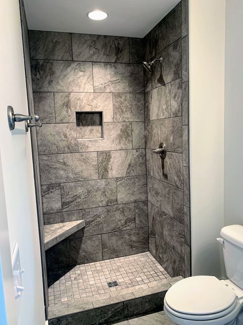 Dark Shower Ideas, Walkin Shower Tile Ideas, Bath Showers, Black Bathrooms, Bathroom Remodel Plans, Gray Shower Tile, Restroom Remodel, Bathroom Construction, Full Bathroom Remodel