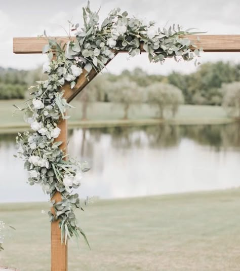 Arbour Flowers Wedding, Eculyptus Wedding Arch, Square Wedding Arch With Greenery, Eucalyptus Wedding Arch Simple, Wedding Arch Eucalyptus Garland, Simple Arbour Flowers, Minimal Wedding Arch Flowers, Wedding Arch Ideas Greenery, Wedding Arbor Ideas Greenery