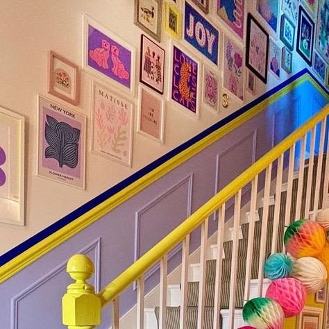 Helen Sellwood on Instagram: "🌼🌸 H a l l w a y T o u r 🌸🌼 Happy Sunday! One good thing about January is you got amazing sunlight, even if it is for a short period of time. Here’s some sunny shots of the hallway. I believe the tiles are original from the 1860’s and they would have had a curtain across where the arch is and guests would go into the front room. That’s why they are nicer towards the front door! Oh how times have changed! #hallway #hallwaydecor #hallwayinspo #apartmenttherapy #myhousethismonth #interioreccentric #myhousebeautiful #gallerywall #gallerywallinspo #gallerywalldecor #designmyspace #diyhomedecor #diydecor #pastelaesthetic #pastelhome #pastel #designattractor #decoratingideas #ihavethisthingwithcolour #moreismoredecor #panelling #myvictorianhouselove #myvictorian Whimsical Hallway Decor, Half And Half Hallway, Purple Hallway Ideas, Bright Hallway Ideas Colour, Lilac Hallway, Eclectic Stairs, Funky Dollhouse, Hallway Entrance Ideas, Bright Hallway Ideas