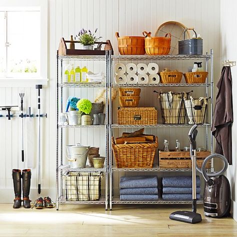 Garage Back-Stock Storage // 7 Ways to Organize Using Wire Shelving // simplyspaced.com Corner Shelf Ideas, Corner Shelf Unit, Laundry Room Storage Shelves, Room Storage Diy, Metal Shelving, Steel Shelving, Laundry Room Storage, Laundry Room Organization, Apartment Kitchen