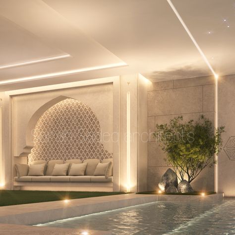 Pool seating private villa kuwait Sarah Sadeq architects Islamic House Design, Modern Islamic Interior, Sarah Sadeq, Islamic Interior, Pool Seating, Islamic Interior Design, Arabic Decor, Piscina Interior, Moroccan Home Decor