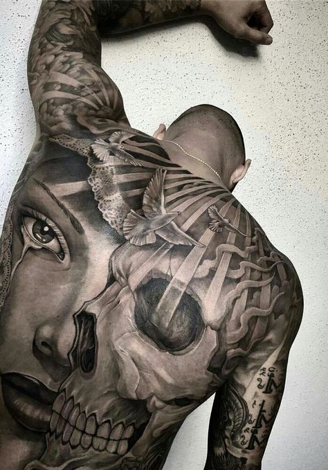 Back Piece Tattoo Men, Tatoo 3d, Backpiece Tattoo, Cool Back Tattoos, Cool Shoulder Tattoos, Back Piece Tattoo, Chicano Tattoos, Mens Shoulder Tattoo, Full Back Tattoos