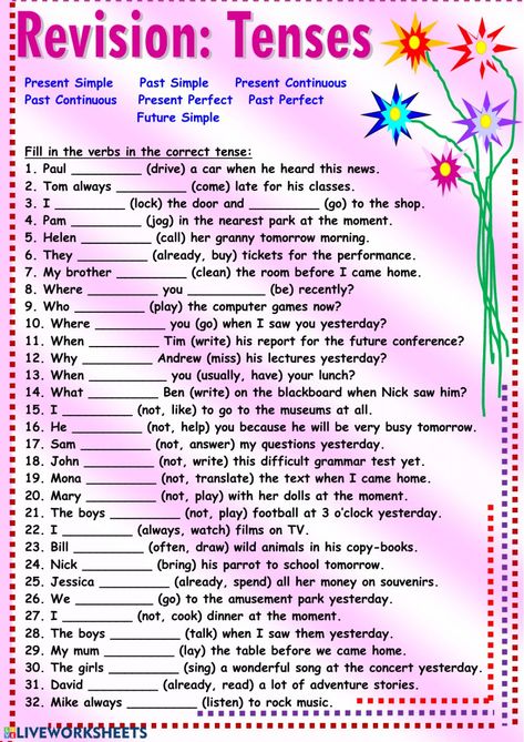 English Tenses Exercises, Verb Tenses Exercises, Tense Worksheet, Tenses Exercises, English Grammar Test, All Tenses, Tenses Grammar, Tenses English, Grammar Review