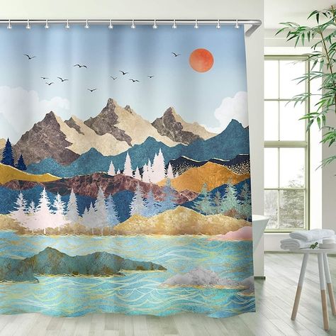 Shower Curtain Sun Shower Curtains Set With 12 Hooks | Etsy Cool Shower Curtain, Japanese Sunset, Forest Shower Curtain, Tree Shower Curtain, Tapestry Wallpaper, Solid Color Shower Curtain, Curtains For Bathroom, Bathroom Curtain Set, Waffle Weave Shower Curtain