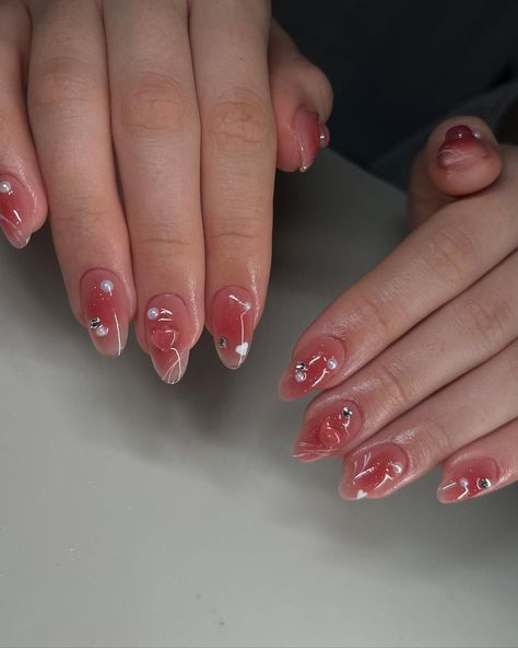 Red Blush Nails, Summer Nails Jelly, Red Korean Nails, Korean Almond Nails, Nail Inspo Korean, Jelly Gel Nails, Korean Jelly Nails, Nail Art Jelly, Pink Clear Nails