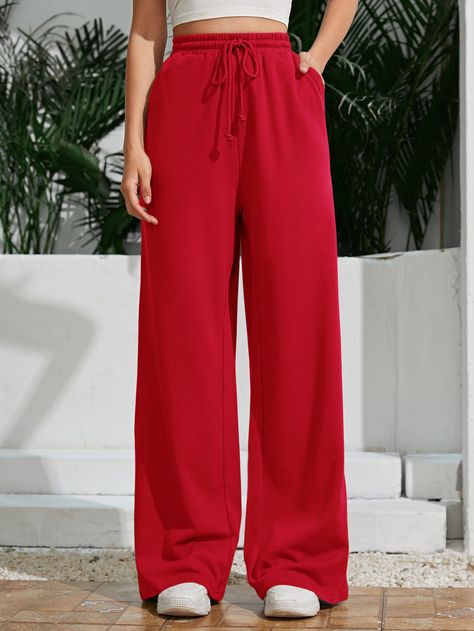 Red  Collar  Knitted Fabric Plain Wide Leg Embellished Non-Stretch All Women Bottoms Lower For Women Outfit, Wide Leg Red Pants, Red Sweatpants, Women Bottoms, Fashion Top Outfits, Wide Leg Sweatpants, Easy Trendy Outfits, Red Pants, Men Fashion Casual Outfits