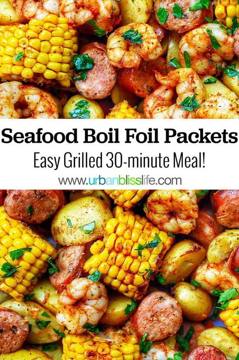 Grilled Seafood Boil Foil Packets are hearty, satisfying, and feed a crowd! In this classic southern dish, shrimp, sausage, corn, and potatoes are well-seasoned and grilled in foil packets for fast, easy cooking and fast, easy cleanup. Perfect for summer picnics, barbecues, and potlucks! Get the full recipe on UrbanBlissLife.com. Seafood Foil Packets Grill, Cajun Foil Packets For The Grill, Shrimp Corn Potatoes Foil Packets, Seafood Boil On The Grill, Seafood Boil Packets, Low Country Boil Foil Packets, Shrimp Boil On The Grill, Corn And Potatoes, Shrimp Boil Foil