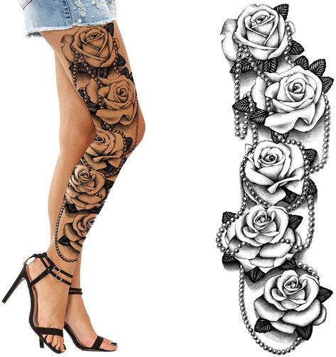 temporary tattoos sleeve rose flowers for women legs arms buy london united kingdom Rose Leg Tattoos Women Lower, Full Leg Tattoo Female Flowers, Full Leg Rose Tattoos Women, Big Flower Leg Tattoo, Big Rose Tattoos For Women, Female Sleeve Tattoo Ideas, Temporary Tatoo, Fake Tattoo Sleeves, Female Body Art