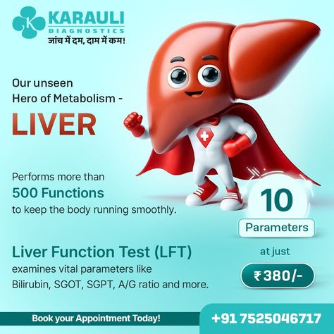 The liver performs more than 500 Functions to keep your body running smoothly. ��🛡️ Ensure it’s in top shape with a Liver Function Test (LFT) that examines vital parameters like Bilirubin, SGOT, SGPT, A/G ratio, and more. Get 10 Parameters tested at just ₹380/-. 👉 Book your appointment today! 📞 +91 7525046717 Here are some hashtag suggestions for the Liver Function Test post: #LiverHealth #LiverFunctionTest #HealthCheckup #MetabolismMatters #KarauliDiagnostics #PreventiveCare #HealthyLivi... Liver Function Test, Liver Function, The Liver, Liver Health, Book Your Appointment, Ayurveda, Healthy Living, Health Care, Running