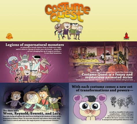 From Frederator Studios, the pitch for a 'Costume Quest' animated series based on the game from Double Fine Productions. Costume Quest, Animated Bible, Animation Sketches, Bible Characters, Tv Animation, The Pitch, Deck Design, Environmental Art, Halloween Night