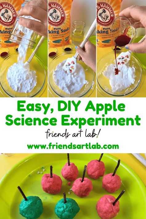 Apple Science Experiment with Baking Soda & Vinegar - Friends Art Lab Cinnamon Play Dough, Apple Science Experiments, Apple Science, Science Experiments Kids Preschool, Jewish High Holidays, Fall Science, Science Experiment For Kids, Halloween Apples, Stem Projects For Kids