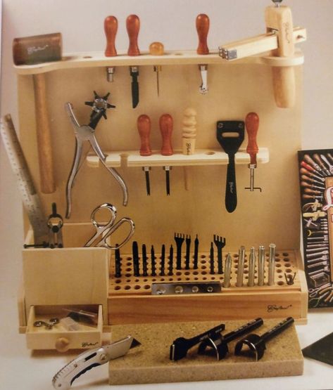 Leather Tools Storage, Leather Tools Organizer, Leather Tool Holder, Benchtop Ideas, Leather Workshop Ideas, Toolbox Cabinet, Jewelry Studio Organization, Craft Tool Storage, Workshop Furniture