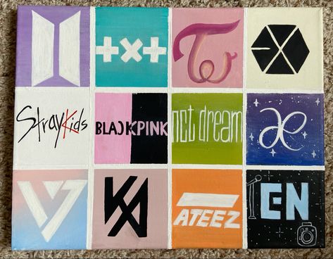 K-pop groups on acrylic K Pop Canvas Painting, Txt Inspired Painting, K Pop Painting Ideas On Canvas, Kpop Album Painting, Kpop Inspired Paintings, K Pop Drawing Ideas, Skz Paintings Easy, Enhypen Painting Ideas On Canvas, Painting Ideas On Canvas Kpop