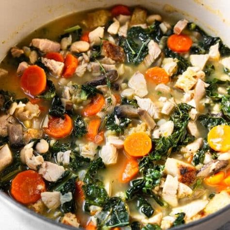 Turkey White Bean Kale Soup - Garden in the Kitchen Turkey Kale Soup, Bean Kale Soup, White Bean Kale, Garden In The Kitchen, White Bean Kale Soup, Leftover Turkey Soup, Turkey Broth, Best Diet Foods, Kale Soup