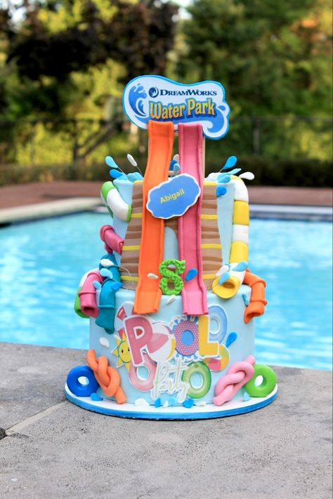 Water Park Cake Ideas, Waterpark Birthday Cake, Water Park Birthday Cake, Water Park Cake, Waterpark Cake, Pool Theme Cake, Waterslide Cake, Water Park Birthday Party, Pool Birthday Cakes