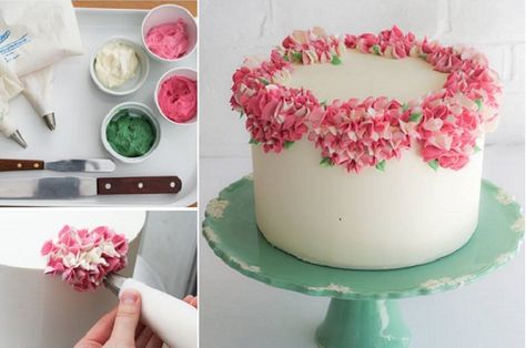 piped buttercream hydrangea cake tutorial by Erica O'Brien on Project Wedding Buttercream Hydrangea, Hydrangea Cake, Buttercream Flowers Tutorial, Buttercream Designs, Ideas For Baby Shower, Pico Rivera, Buttercream Flower Cake, Cake Buttercream, Garden Cakes