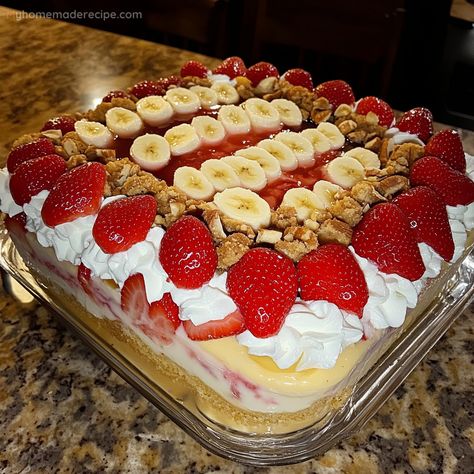 This Half Banana Pudding Half Strawberry Shortcake combines creamy banana pudding cheesecake with a crunchy strawberry shortcake layer. A perfect dessert for any special occasion. Banana And Strawberry Pudding, Banana Pudding With Strawberries, Strawberry Banana Pudding Cake, Banana Pudding And Strawberry Cake, Banana Strawberry Pudding, Strawberry Banana Cheesecake Pudding, Strawberry Shortcake Banana Pudding, Strawberry Banana Pudding Cheesecake, Strawberry Crunch And Banana Pudding Cake