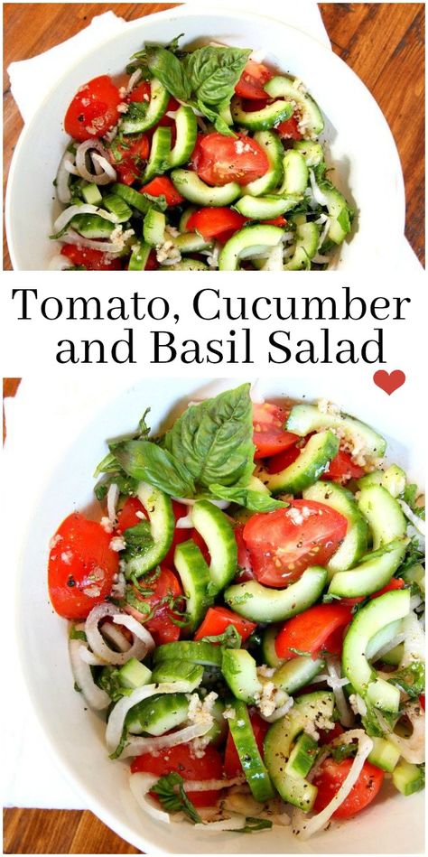 Mediterranean Basil Recipes, Vinegar Cucumber Tomato Salad, Tomato Onion Basil Salad, Salads With Fresh Basil, Tomato Basil Salad Dressing, Basil Side Dishes, Food With Basil, Tomato Cucumber Basil Salad, Basil Tomato Recipes