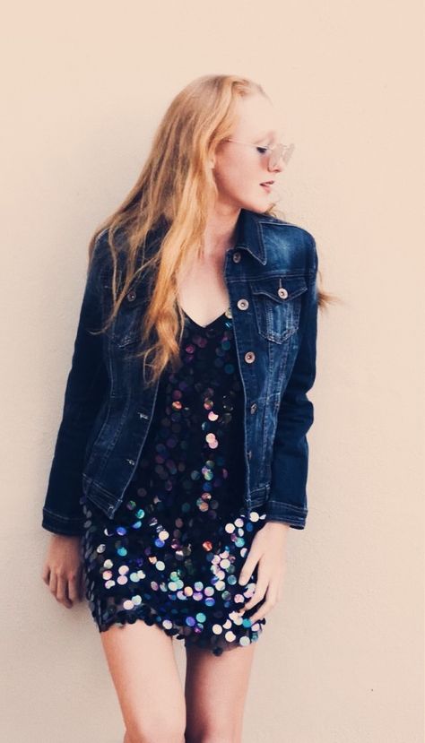 #sequin #dress #classy #love #style #denim #jacket #streetstyle #shimmer #shine #wear #glitter #redhead #redhair Shimmer Jacket Outfit, Sequin Dress With Denim Jacket, Sequence Dress Short, Rebecca Bloomwood, Dress Shorts Outfit, Style Denim Jacket, Denim Party, Glittery Dress, Sequence Dress