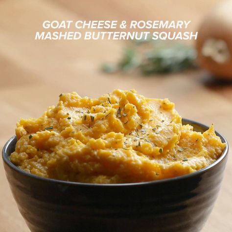 Goat Cheese And Rosemary Mashed Butternut Squash Recipe by Tasty Goat Cheese Ideas, Butternut Squash With Goat Cheese, Butternut Squash Goat Cheese, Soup Butternut Squash, Squash Goat Cheese, Rosemary Mashed Potatoes, Mashed Squash, Cheese Ideas, Butternut Squash Fries