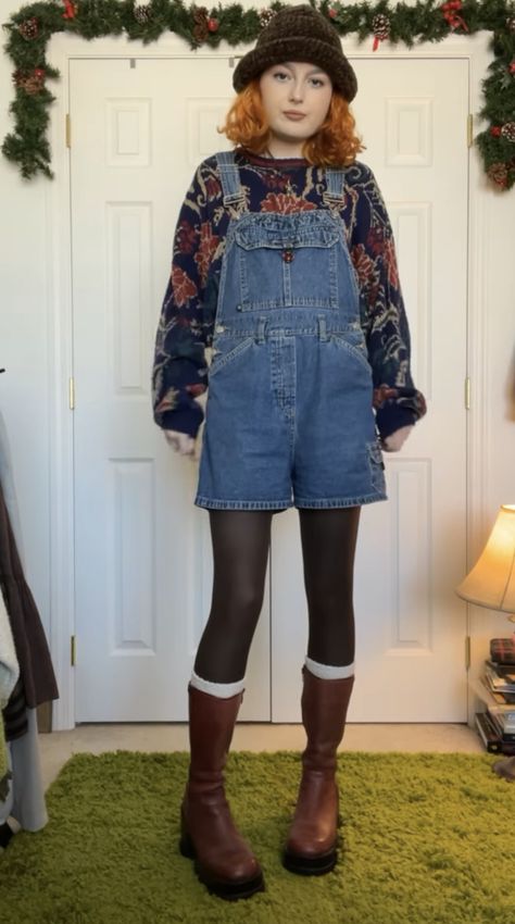 Vest With Overalls, Overalls And Tights, Autumn Dungarees Outfit, Patterned Overalls Outfit, Artsy Overalls Outfit, Whimsigoth Overalls, Autumn Overalls Outfit, Cottagecore Dungarees, Overalls With Tights