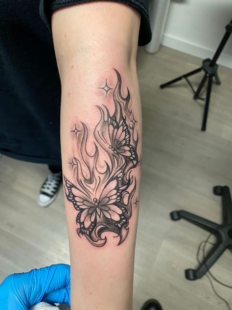 Butterfly Tree Tattoo, Butterfly With Fire Tattoo, Burn Burn Burn Tattoo, Burning Flower Tattoo, Complicated Tattoos, Flaming Butterfly Tattoo, Burning Butterfly Tattoo, Trippy Tattoos For Women, Butterfly On Fire Tattoo