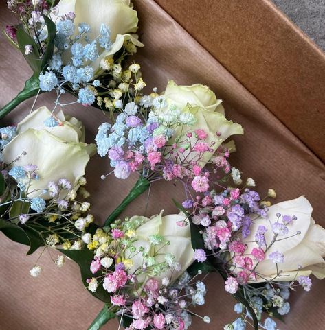 White rose and rainbow gypsophila buttonholes Rainbow Gypsophila, Instagram White, White Rose, White Roses, Wedding Decor, Florist, Wedding Decorations, Rainbow, On Instagram