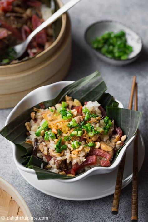 This flavorful steamed chicken sticky rice features soft-chewy sticky rice, chicken, shiitake mushrooms and sweet sausages (lap cheong). Everything is cooked together in a bamboo steamer and then served with popular toppings for savory sticky rice. Food Aethestic, Bamboo Steamer Recipes, Sticky Rice Recipe, Lap Cheong, Vietnamese Foods, Recipe Inspirations, Vietnamese Chicken, Shrimp Toast, Bamboo Steamer