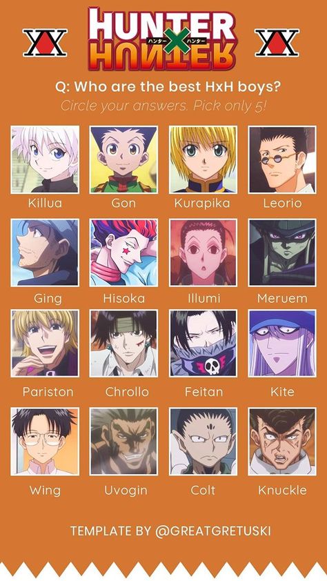 Hxh Characters Name, Hunter X Hunter Characters Name, Anime Character Names List, Anime Names List, Anime Bingo, Hunterxhunter Funny, Anime Name, Hunter Name, Kinnie Bingo