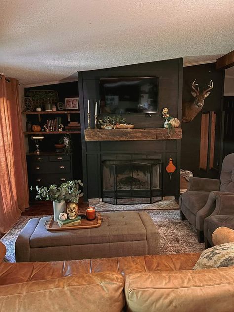 Dark Gray Living Room Walls, Black Western Living Room, Moody Mobile Home, Black Brick Fireplace Living Room, Black Rustic Living Room, Small House Dark Aesthetic, Moody Rustic Living Room, Moody Small Living Room, Dark Gray Walls Living Room