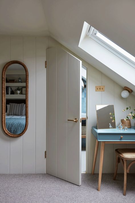 Expert Tips For Decorating A Loft Room | SheerLuxe Vanity Painting, Loft Conversion Bedroom, Attic Bedroom Designs, Attic Loft, Loft Bathroom, Loft Office, Small Attic, Attic Conversion, Built In Cupboards