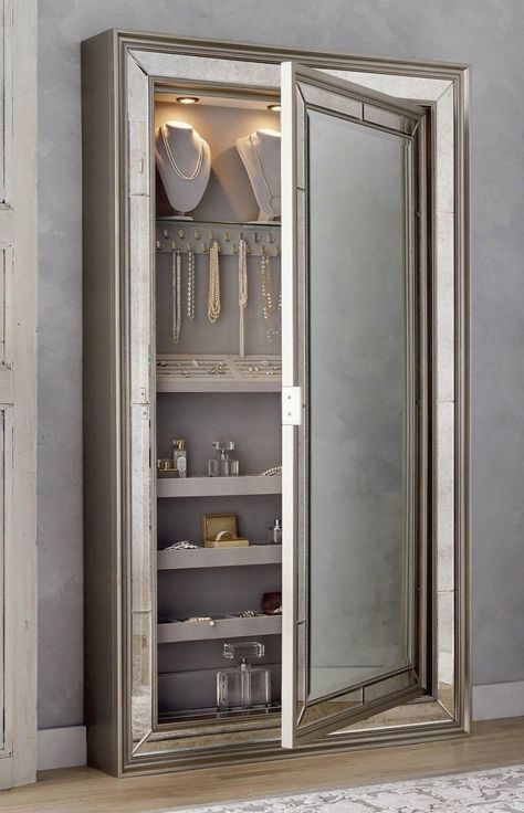 Minimalist Organization, Jewelry Closet, Luxury Closets Design, Secret Storage, Jewelry Cabinet, Storage Mirror, Dressing Room Design, Jewelry Armoire, Jewellery Storage