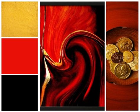 Fire red and gold mood board branding for a fierce brand! - www.creativelyolivia.com Casino Mood Board, Red And Gold Colour Palette, Red And Gold Palette, Red Black And Gold Color Palettes, Black White Red Gold Color Palette, Red Black Gold Color Palette, Red And Gold Mood Board, Sarawak Aesthetic, Black Red Gold Color Palette