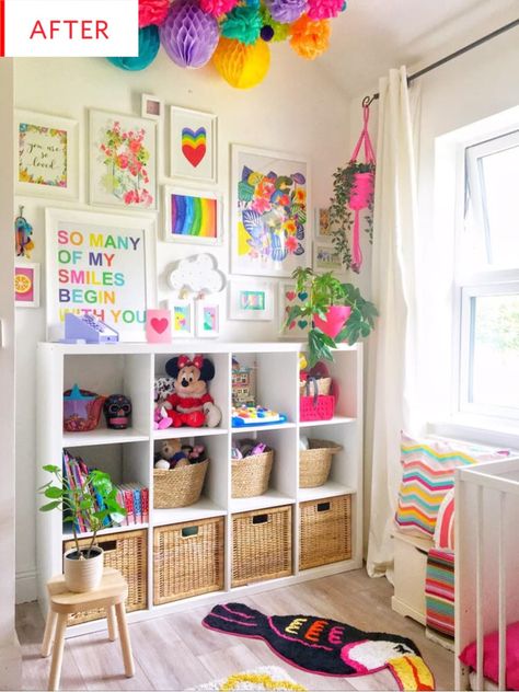 Before and After: A Colorful Shared Girls' Room | Apartment Therapy Kids Bedroom Organization, Zimmer Diy, Bold Bedroom, Shared Girls Room, Colorful Kids Room, Toddler Girl Room, Rainbow Room, Shared Room, Toddler Bedrooms