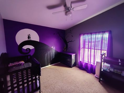 Black And Purple Nursery, Nightmare Before Christmas Room Ideas Bedrooms, Tim Burton Nursery Theme, Nightmare Before Christmas Baby Nursery, Nightmare Before Christmas Nursery Ideas, Pastel Goth Nursery, Tim Burton Nursery, Black And Purple Bathroom, Witchy Nursery Ideas