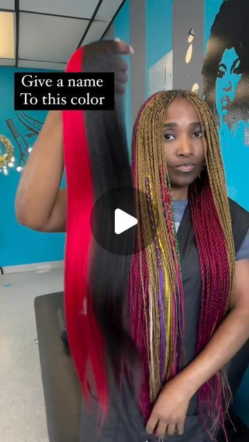 Ola African Hair Braiding on Instagram: "Love this beautiful ❤️🖤💙" Peekaboo Red Hair Color, Wine Color Braids, Mixed Colored Box Braids On Dark Skin, Red And Black Boho Knotless Braids, Braids With Different Colors, Purple And Black Braids, Ugly Braids, African Hair Braiding, Colored Box Braids