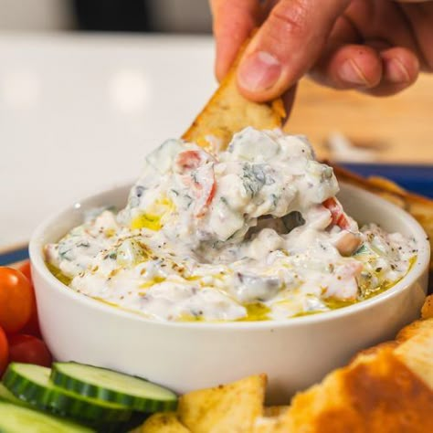 Salad Dip Recipe, Gina Livy, Classic Greek Salad, East Coast Kitchen, Salad Dip, Gluten Free Party Food, Greek Dip, Coast Kitchen, Corn Dip Recipes