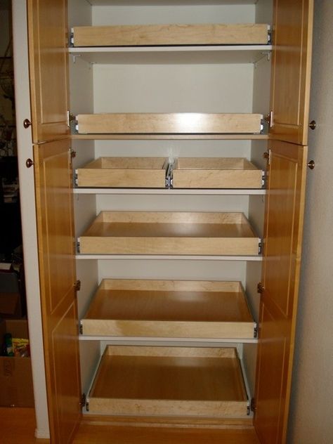 Pantry Pull Out Drawers, Stand Alone Kitchen Pantry, Deep Pantry Organization, Kitchen Cupboard Organization, Deep Pantry, Pantry Drawers, Sliding Shelves, Pantry Shelving, Pull Out Shelves