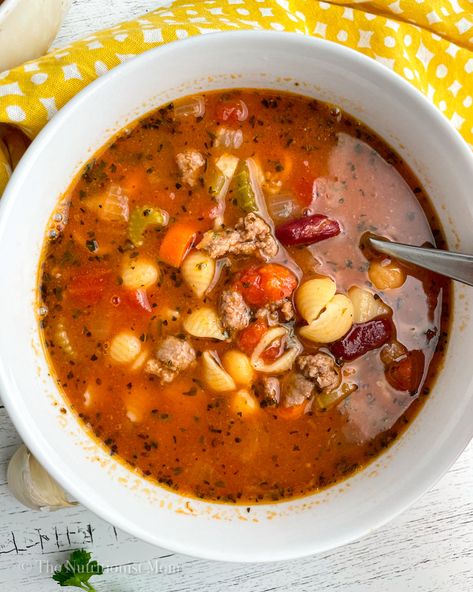 HIGH PROTEIN MINESTRONE SOUP - Nutritionist Mom Healthy High Protein Fall Meals, Macro Friendly Fall Soup, High Protein Soups And Stews, 21 Day Fix Soups, Ground Turkey Minestrone Soup, High Protein Minestrone Soup, Healthy Protein Soup Recipes, Protein Veggie Soup, Crockpot Minestrone Soup With Meat