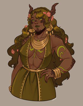 Fantasy Hunting Outfit, Plus Size Dnd Character, Tiefling Druid Female, Horned Character Design, Bugbear Character Art, Faun Female, Bugbear Dnd, Dnd Npc Ideas, Satyr Female