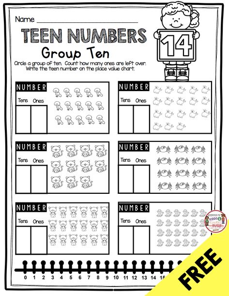 FREEBIE TEEN NUMBERS and place value freebies - base ten blocks and practice making a group of ten plus ones - tricky teens try free activities and math centers - place value worksheets for kindergarten and first grade #kindergartenmath #firstgrademath #kindergarten Groups Of Ten First Grade, Place Value Grade 1, Tens And Ones First Grade, Tens And Ones Activities, Teen Numbers Kindergarten, Value Worksheet, Worksheet Math, Centers Kindergarten, Place Value Worksheets