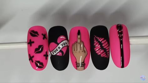 Anti Valentine Nails, Anti Love Nails, Anti Valentines Nails, Edgy Valentines Nails, Mouth Nails, Anti Valentines Day Nails, 2023 Nails Ideas, Neon Nail Art Designs, Beginner Nail Designs