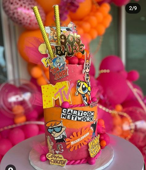 2000 Party Theme, Y2k Birthday Party, Cartoon Birthday Cake, 30th Birthday Themes, Rockstar Birthday Party, 90s Theme Party, 20th Birthday Party, 32 Birthday, Spongebob Birthday