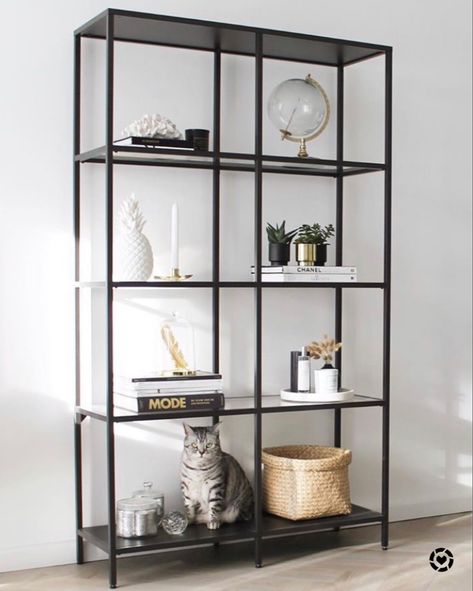 Ikea Shelf Unit Decor, Ikea Vittsjo Shelves Styling, Decorating Bookshelves Living Room, Ikea Vittsjo Hack, Bookshelf Decorating Ideas, Ikea Vittsjo, Rustic Outdoor Furniture, Black Living Room Decor, Deco Living Room