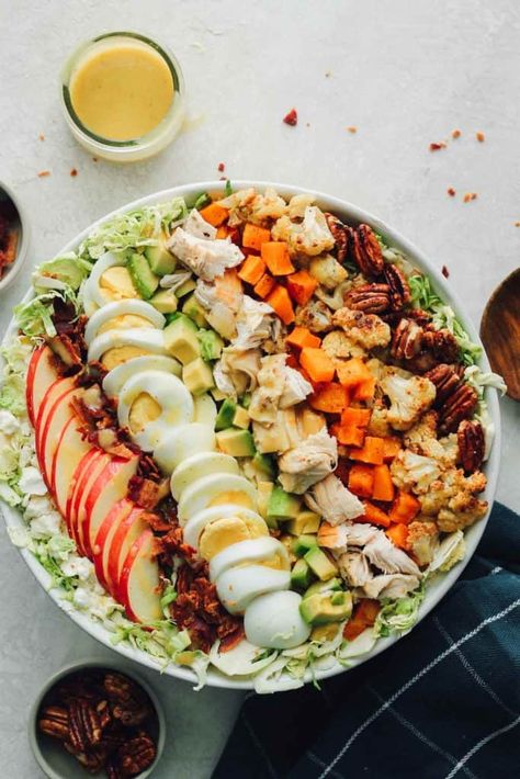 Autumn Brussels Sprouts Cobb Salad | Destination Delish Salad Brussel Sprouts, Butternut Squash And Cauliflower, Maple Dijon Dressing, Cobb Salad Dressing, Shredded Brussels Sprouts, Dijon Dressing, Fall Veggies, Fall Salad, Shredded Brussel Sprouts