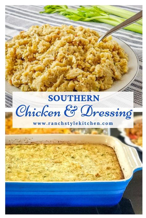 Southern Chicken And Dressing, Southern Dressing Recipe, Chicken Dressing Recipe, Dressing Cornbread, Crockpot Chicken And Dressing, Food Dressing, Turkey Dressing Recipe, Oregon Christmas, Cornbread Dressing With Chicken